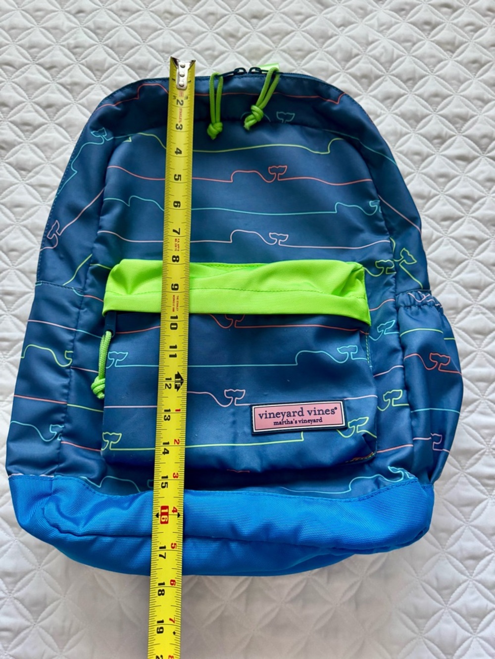 Vineyard Vines Kids School Daycare Backpack Bookbag Neon Green Whale Blue Lines - Picture 3 of 15